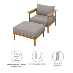 Wren Natural Driftwood Outdoor Patio Teak Wood Armchair and Ottoman Set - Ornate Home