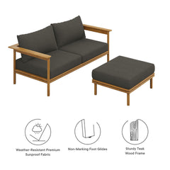 Wren Natural Flint Gray 2-Piece Outdoor Patio Teak Wood Sofa and Ottoman Set - Ornate Home