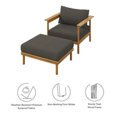 Wren Natural Flint Gray Outdoor Patio Teak Wood Armchair and Ottoman Set - Ornate Home