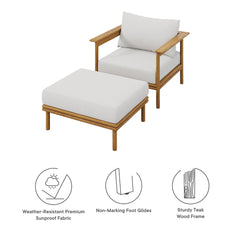 Wren Natural Sail Outdoor Patio Teak Wood Armchair and Ottoman Set - Ornate Home
