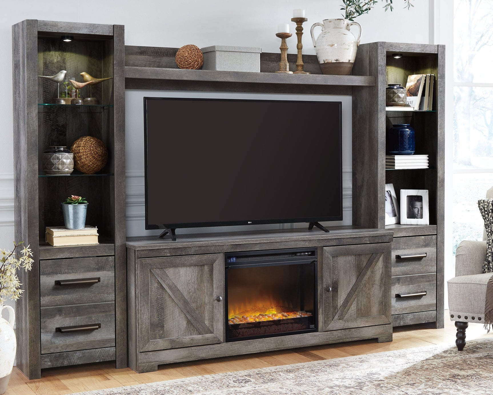 Wynnlow Gray 4-Piece Entertainment Center with Electric Fireplace (Online Special Price) (Faux glass crystals) - Ornate Home