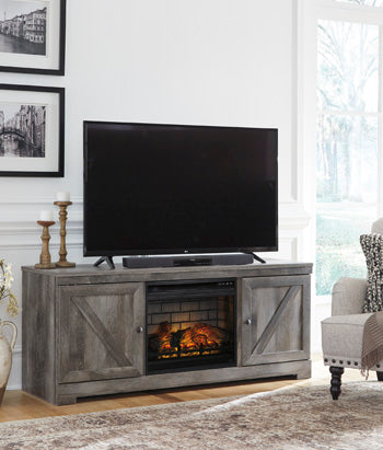 Wynnlow Gray 63" TV Stand with Electric Fireplace (Realistic-looking log set) (Online Special Price) - Ornate Home