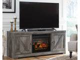 Wynnlow Gray 63" TV Stand with Electric Fireplace (Realistic-looking log set) - Ornate Home