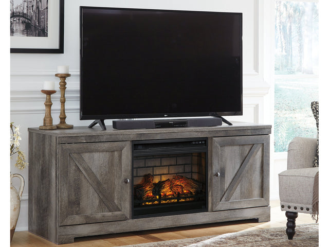 Wynnlow Gray 63" TV Stand with Electric Fireplace (Realistic-looking log set) - Ornate Home