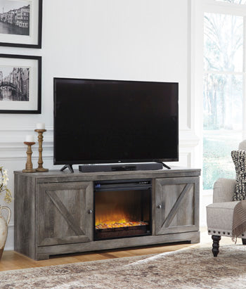 Wynnlow Gray 63" TV Stand with Electric Fireplace (faux glass crystals) (Online Special Price) - Ornate Home