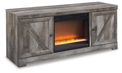 Wynnlow Gray 63" TV Stand with Electric Fireplace (faux glass crystals) - Ornate Home