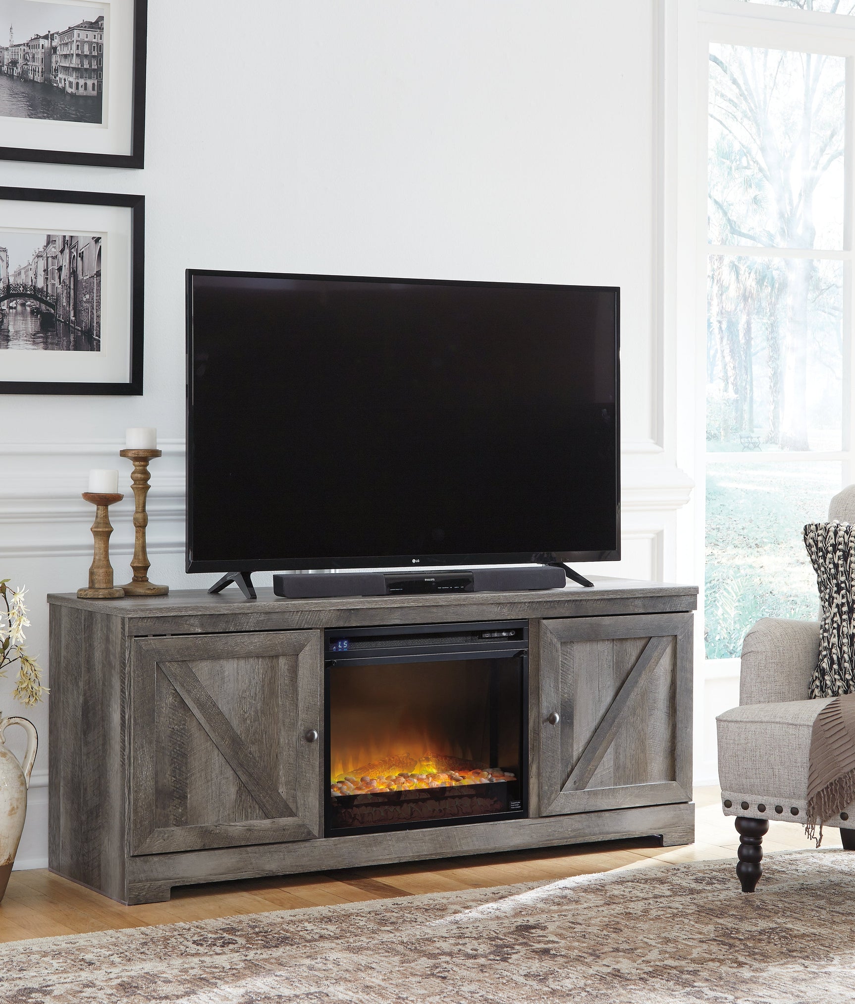 Wynnlow Gray 63" TV Stand with Electric Fireplace (faux glass crystals) - Ornate Home