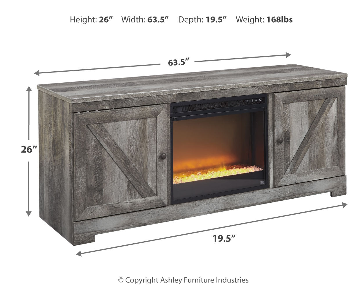 Wynnlow Gray 63" TV Stand with Electric Fireplace (faux glass crystals) - Ornate Home