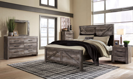 Wynnlow Gray King Crossbuck Panel Bedroom Set with Dresser, Mirror and Nightstand - Ornate Home