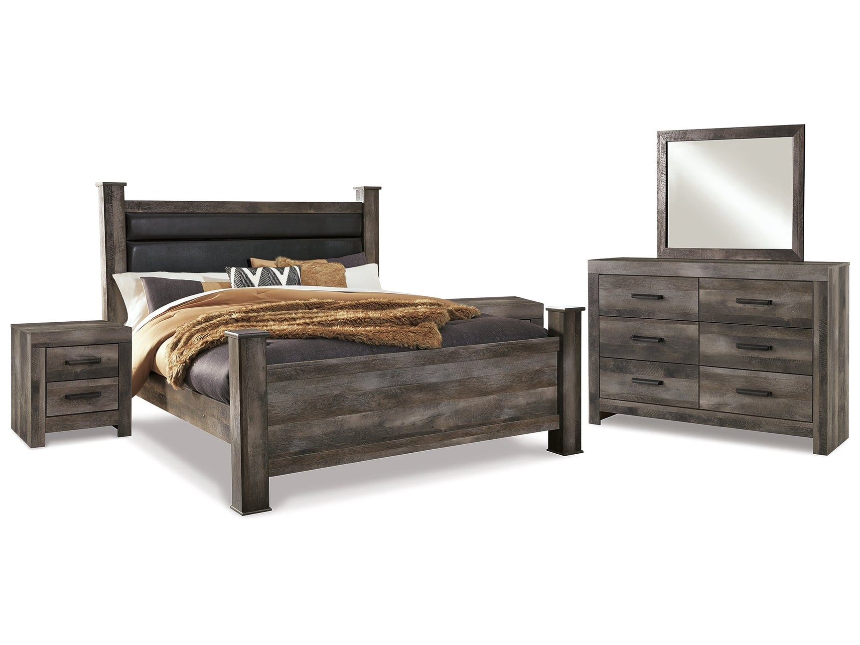 Wynnlow Gray King Poster Bedroom Set with Dresser, Mirror and 2 Nightstands - Ornate Home