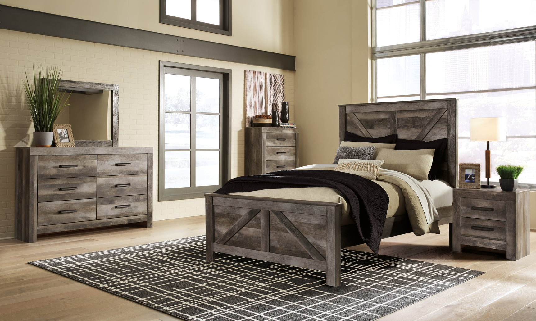 Wynnlow Gray Queen Crossbuck Panel Bedroom Set with Dresser, Mirror, and Nightstand - Ornate Home
