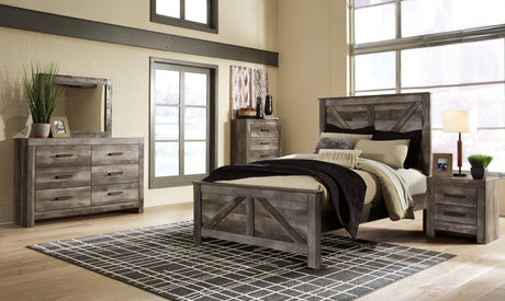 Wynnlow Gray Queen Crossbuck Panel Bedroom Set with Dresser, Mirror, and Nightstand - Ornate Home