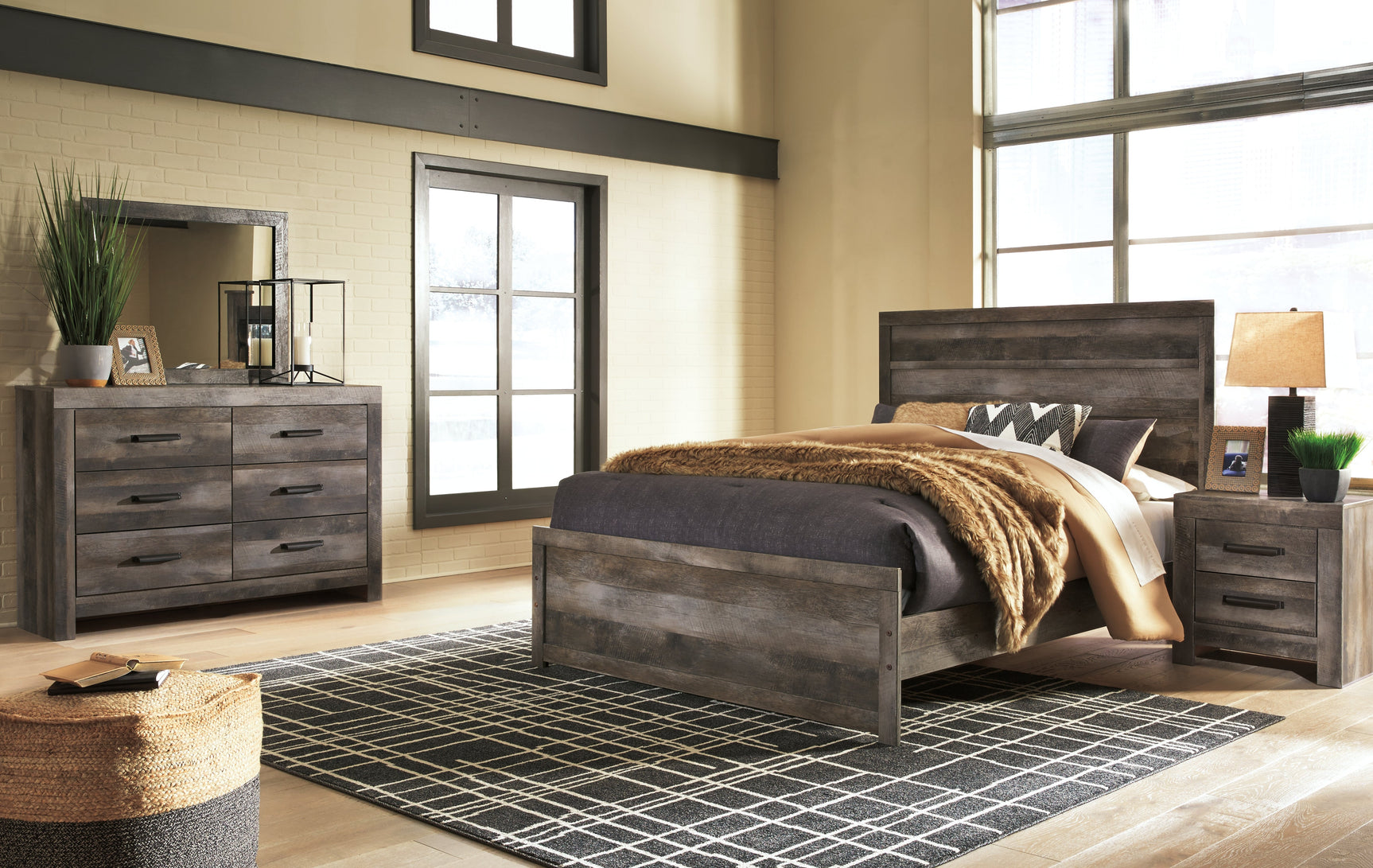 Wynnlow Gray Queen Panel Bedroom Set with Dresser, Mirror and 2 Nightstands - Ornate Home