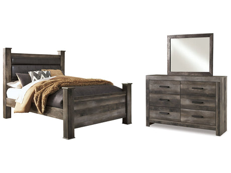 Wynnlow Gray Queen Upholstered Poster Bed, Dresser and Mirror - Ornate Home
