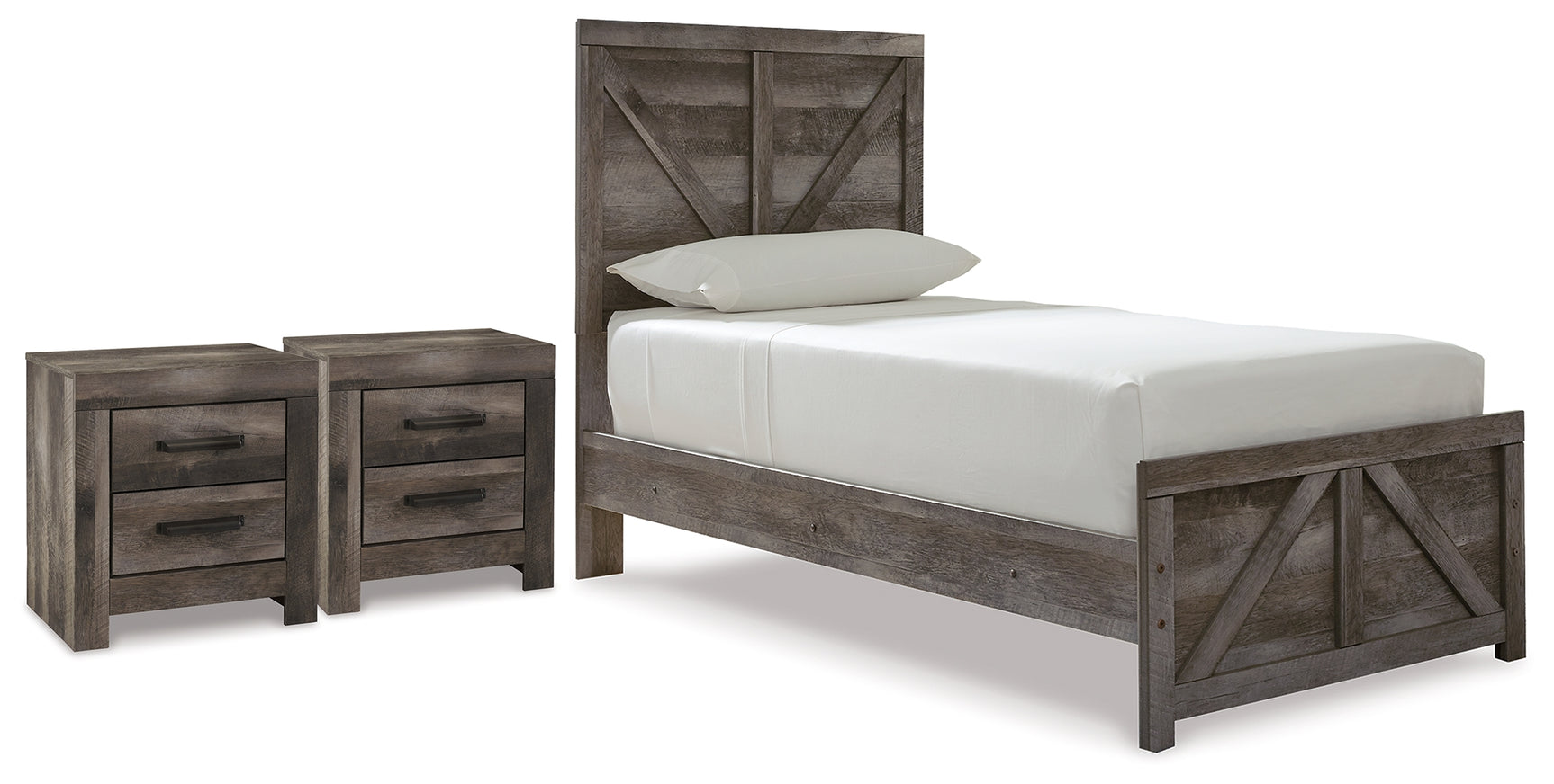 Wynnlow Gray Twin Crossbuck Panel Bed and 2 Nightstands - Ornate Home
