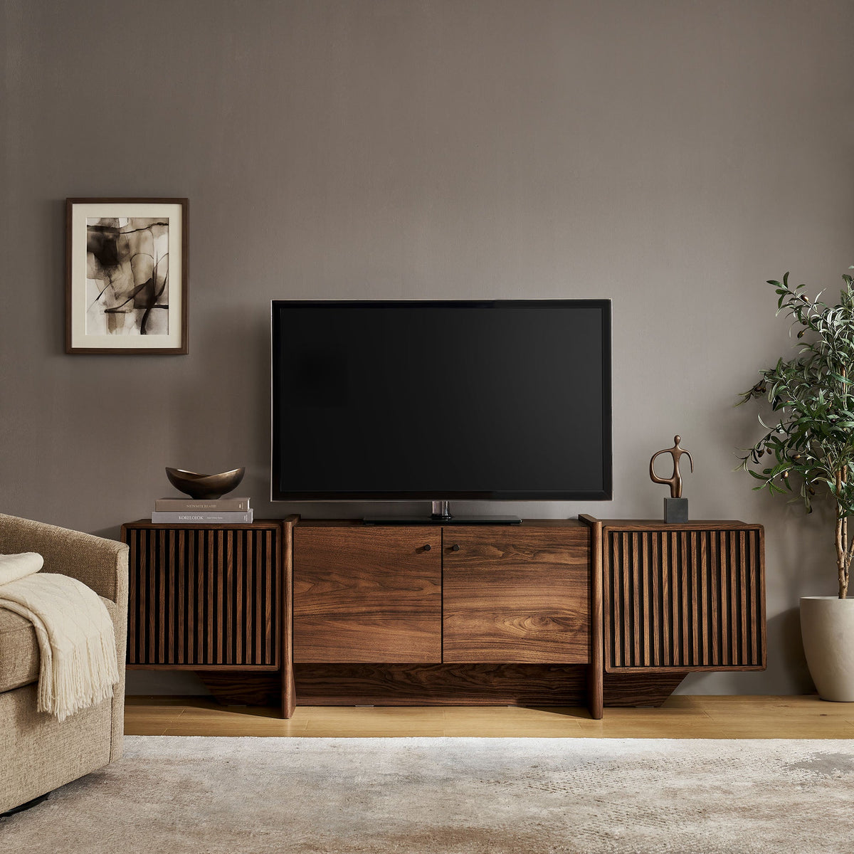 Yarrow Walnut 77 Inch Fluted Four Door TV Stand