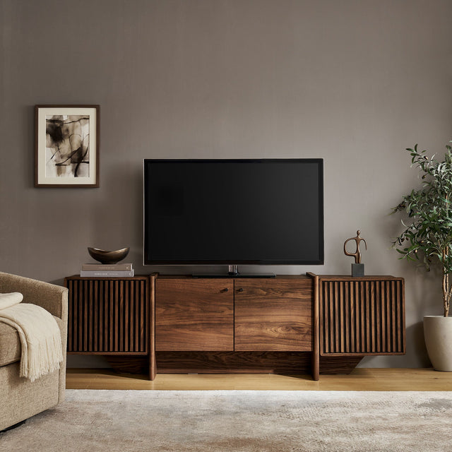Yarrow Walnut 77 Inch Fluted Four Door TV Stand