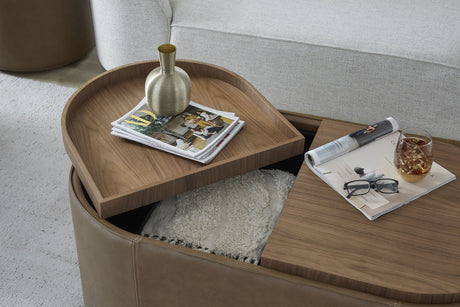 Yeal Sahara Leather Upholstered Storage Coffee Table with Wooden Tray Top and Casters - Ornate Home