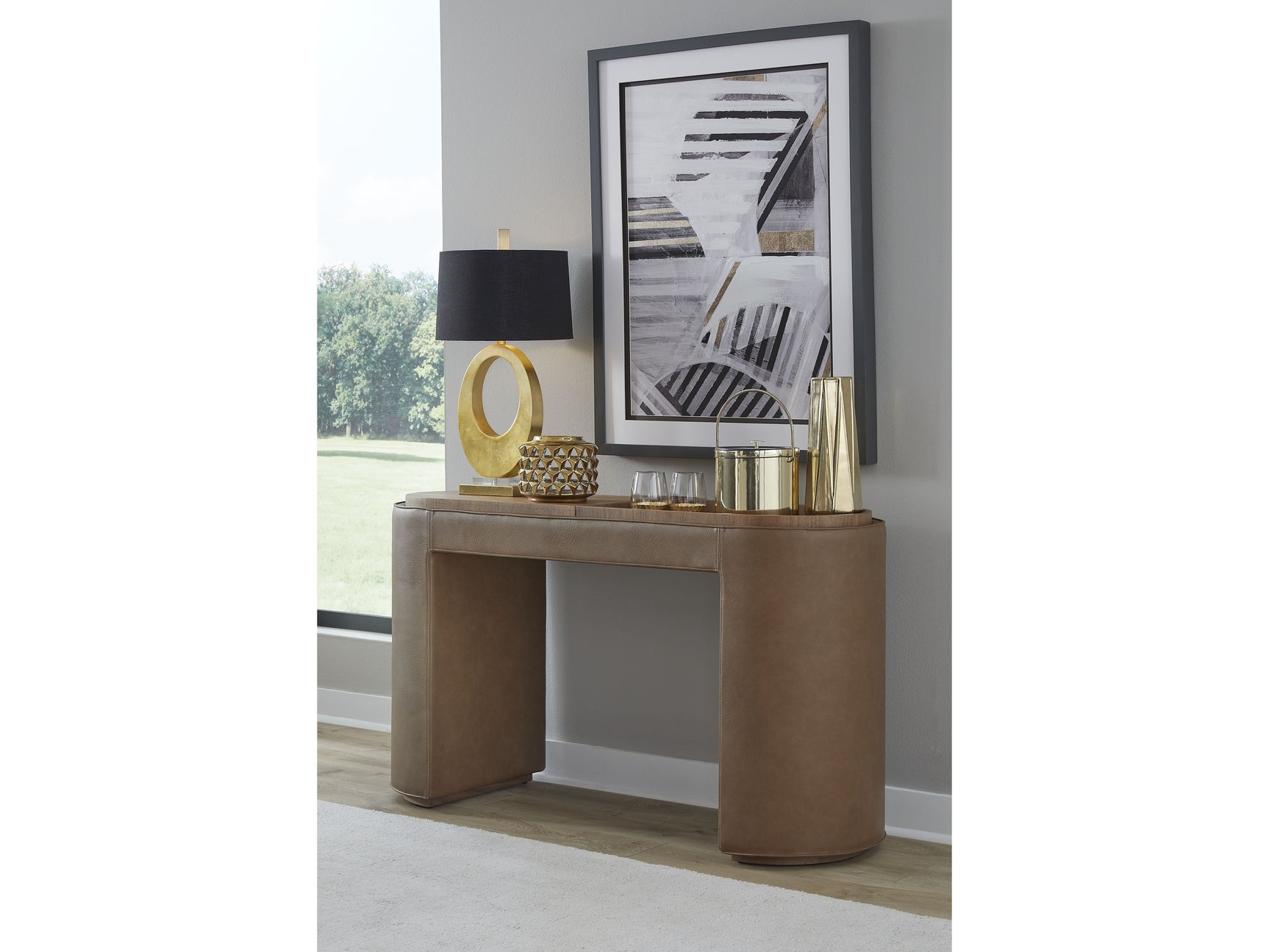 Yeal Sahara Leather Upholstered Storage Console Table with Wooden Tray Top - Ornate Home