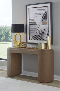 Yeal Sahara Leather Upholstered Storage Console Table with Wooden Tray Top - Ornate Home