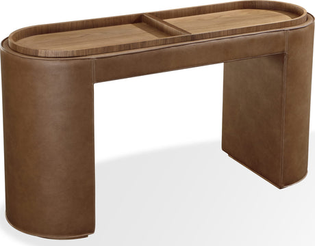 Yeal Sahara Leather Upholstered Storage Console Table with Wooden Tray Top - Ornate Home