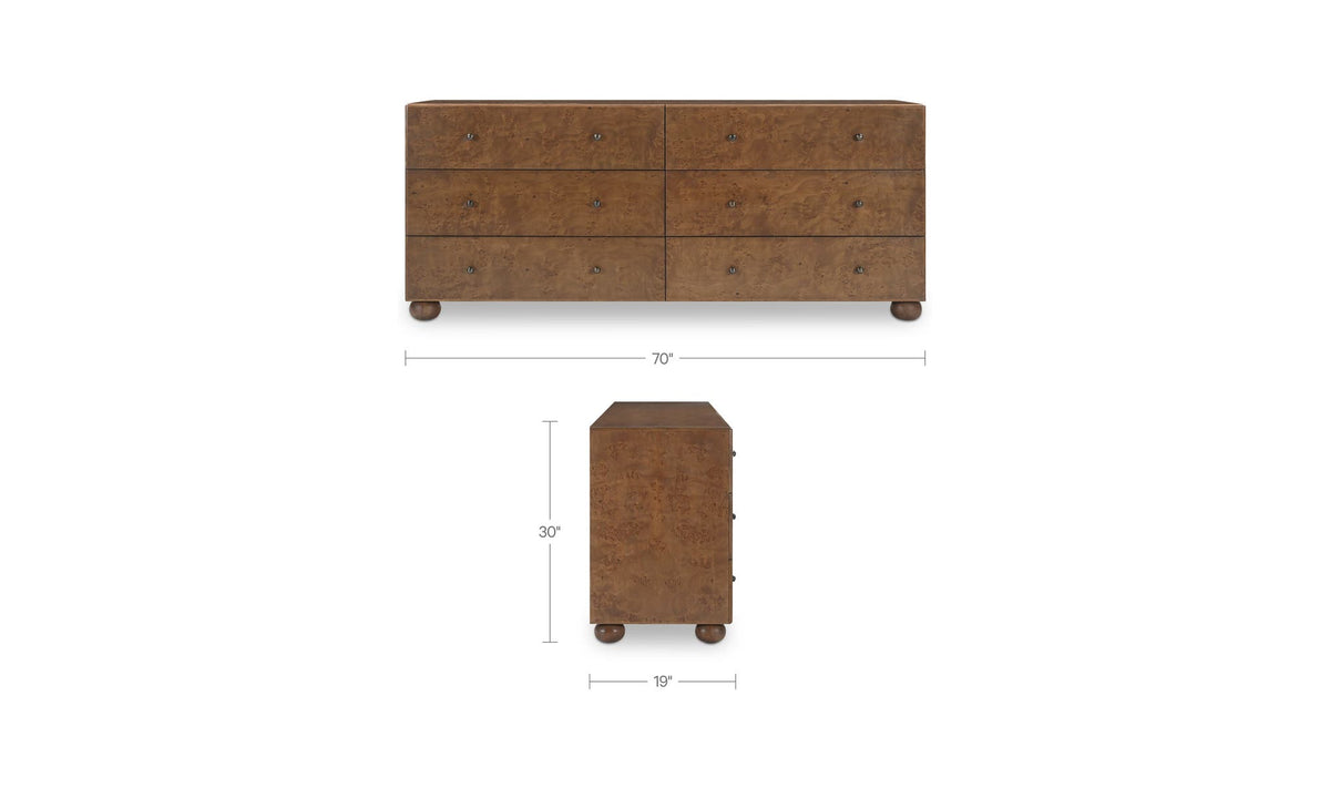 York Warm Brown Burl 6 Drawer Dresser - Ornate Home