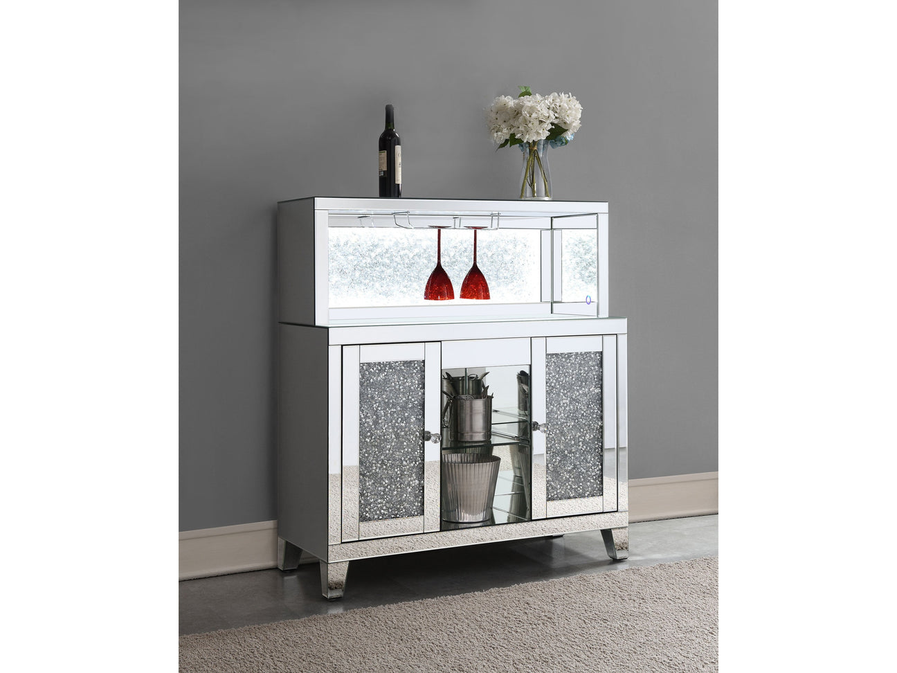 Yvaine Silver 2-door Mirrored Acrylic Home Bar Wine Cabinet - Ornate Home