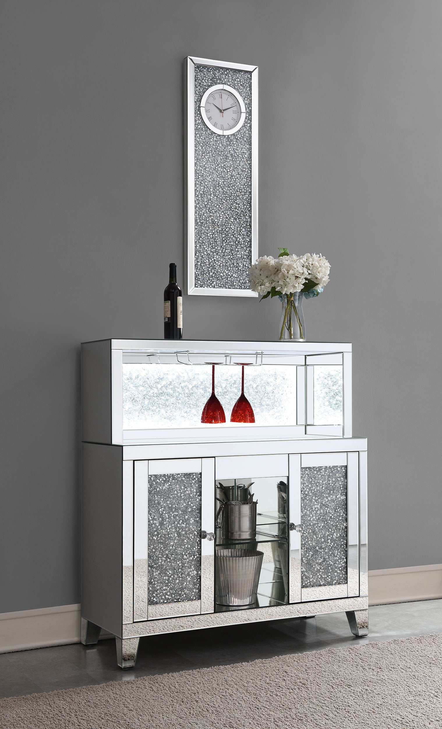 Yvaine Silver 2-door Mirrored Acrylic Home Bar Wine Cabinet - Ornate Home