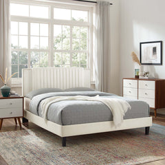 Zahra White Tapered Wood Leg Channel Tufted Performance Velvet Twin Platform Bed - Ornate Home