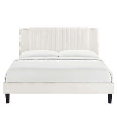 Zahra White Tapered Wood Leg Channel Tufted Performance Velvet Twin Platform Bed - Ornate Home