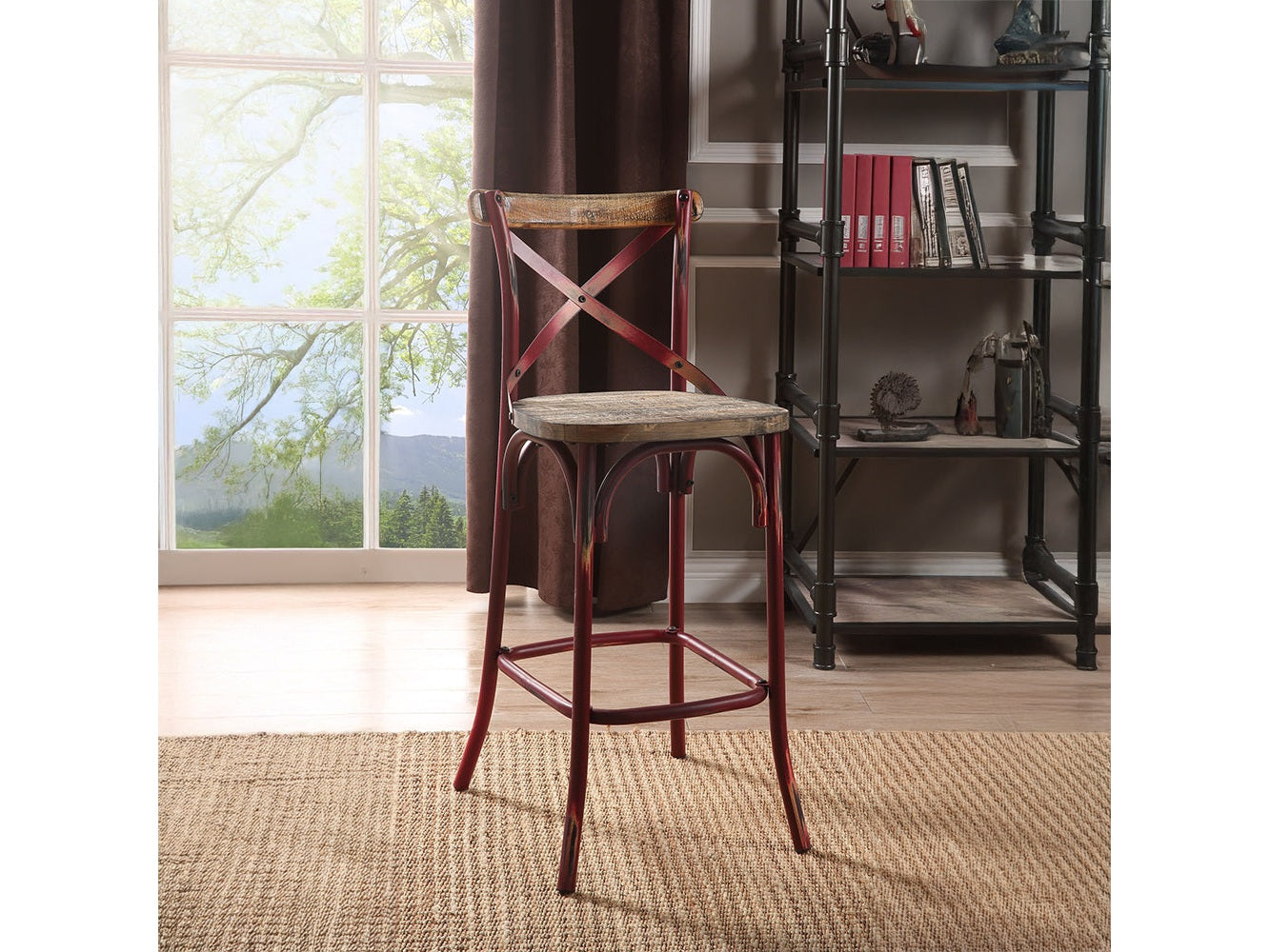 Zaire Antique Red & Antique Oak Bar Chair (1Pc) - Ornate Home