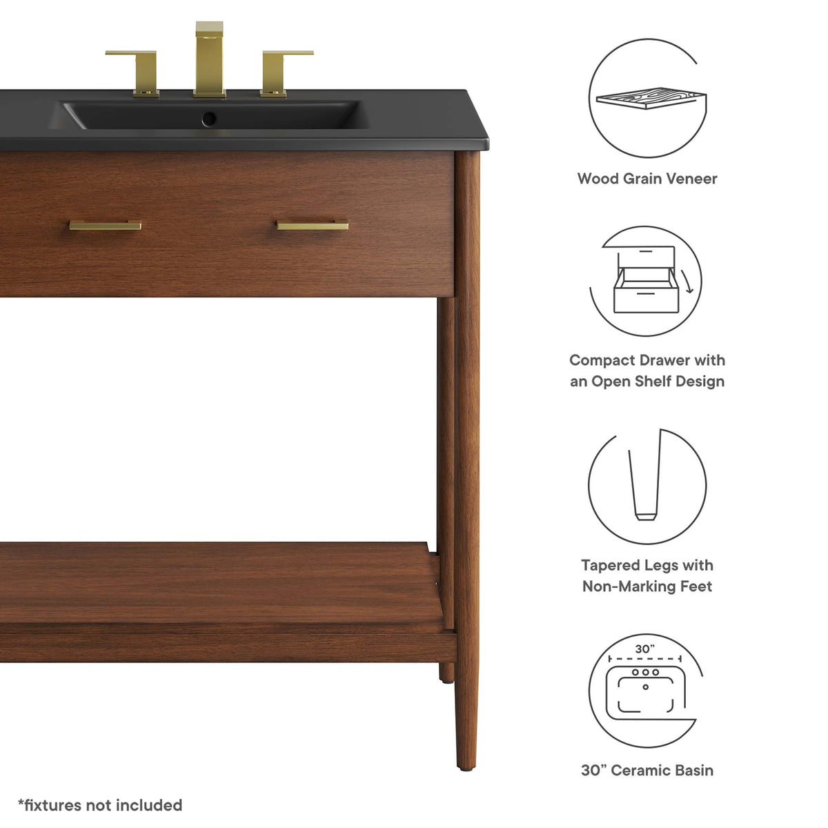 Zaire Walnut/Black 30" Bathroom Vanity - Ornate Home