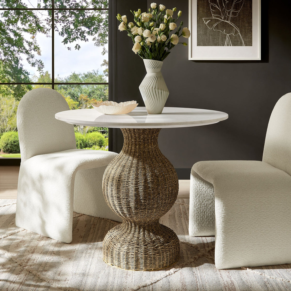 Zale White/Natural 36" Marble and Seagrass Dining Table - Ornate Home
