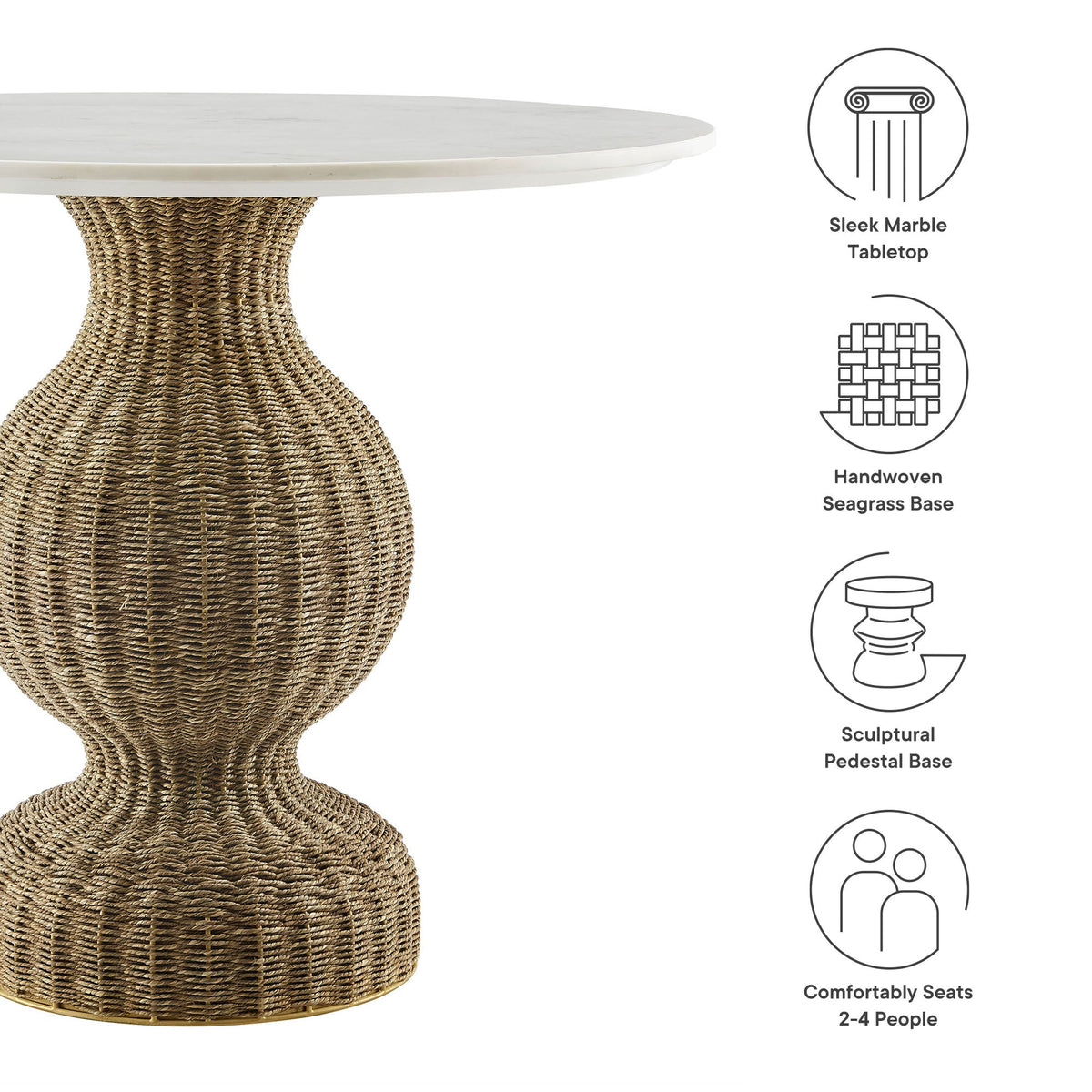 Zale White/Natural 36" Marble and Seagrass Dining Table - Ornate Home