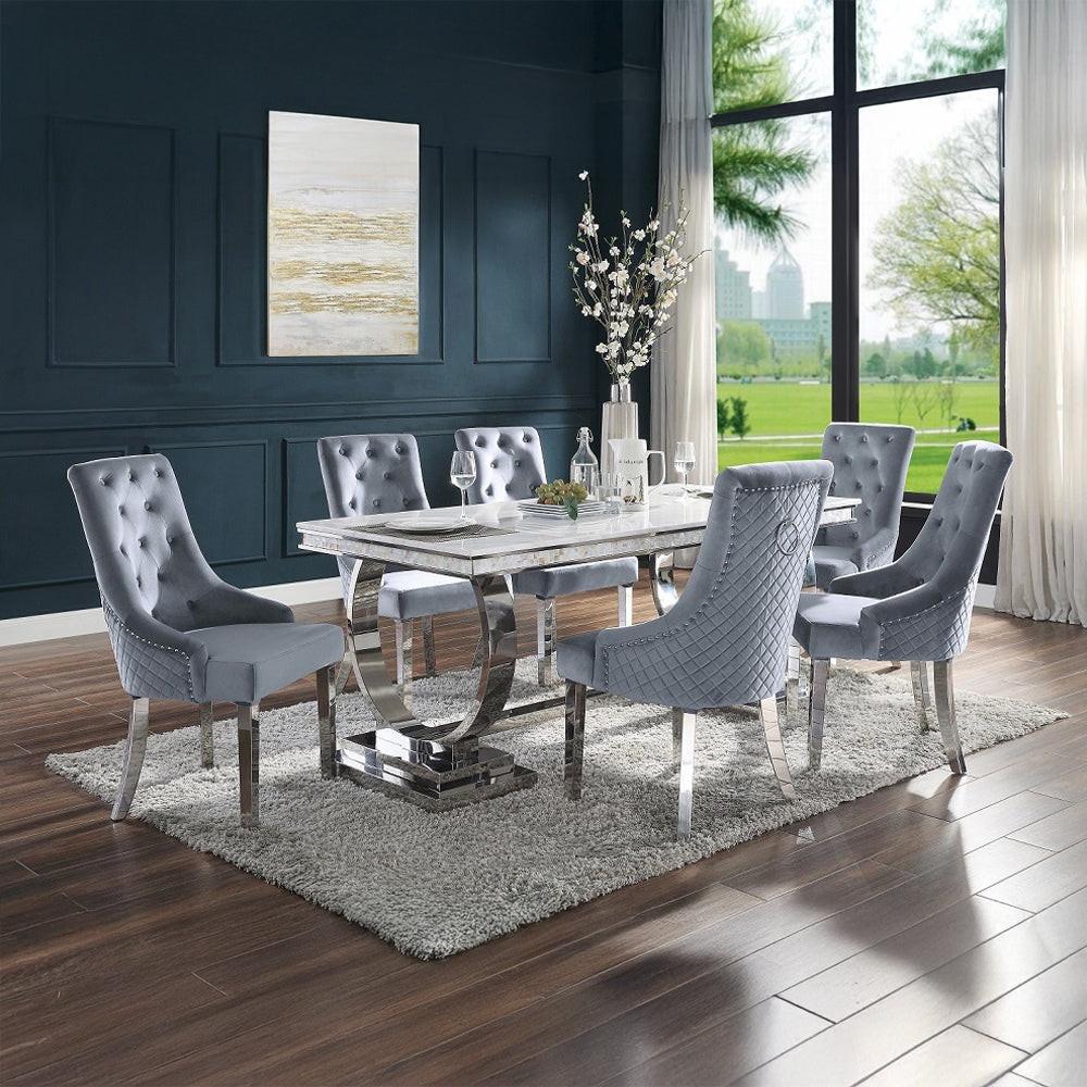 Zander Rectangular Stainless Steel Pedestal & Faux Marble Dining Table - Ornate Home