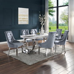 Zander Rectangular Stainless Steel Pedestal & Faux Marble Dining Table - Ornate Home