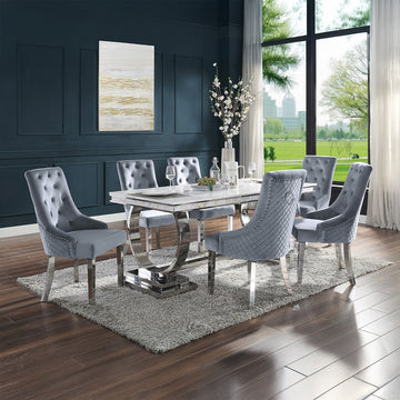 Zander Rectangular Stainless Steel Pedestal & Faux Marble Dining Table - Ornate Home