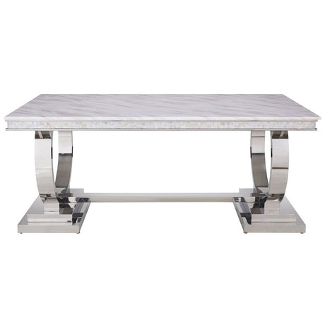 Zander Rectangular Stainless Steel Pedestal & Faux Marble Dining Table - Ornate Home