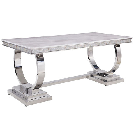 Zander Rectangular Stainless Steel Pedestal & Faux Marble Dining Table - Ornate Home