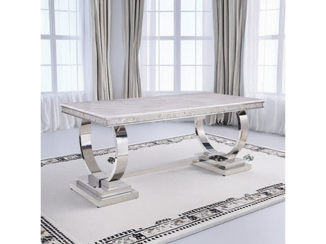 Zander Rectangular Stainless Steel Pedestal & Faux Marble Dining Table - Ornate Home