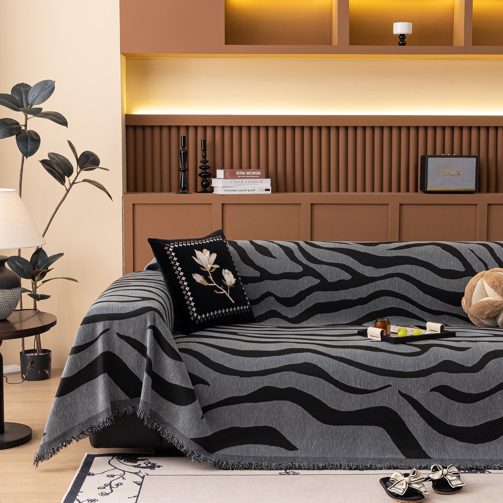 Zebra Striped Chenille Throw Sofa Cover Full-Cover Decorative Furniture Slipcover - Ornate Home