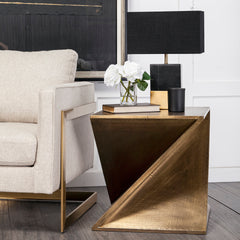 Zelda Gold Metal-Cladded Z-Shaped Wooden Accent Table - Ornate Home