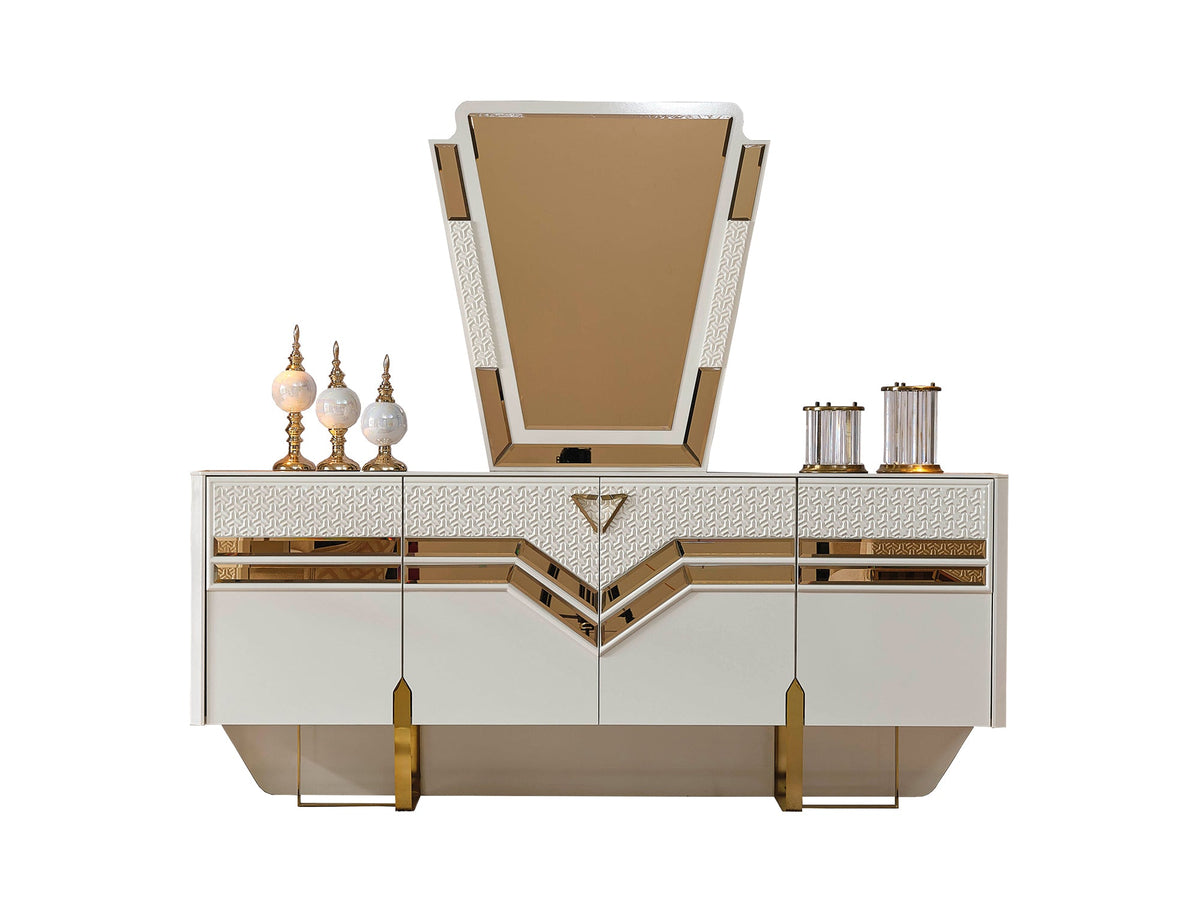 Zen Cream Dining Room Set (Consol With Mirror & Dining Table & 6 Dining Chair) - Ornate Home