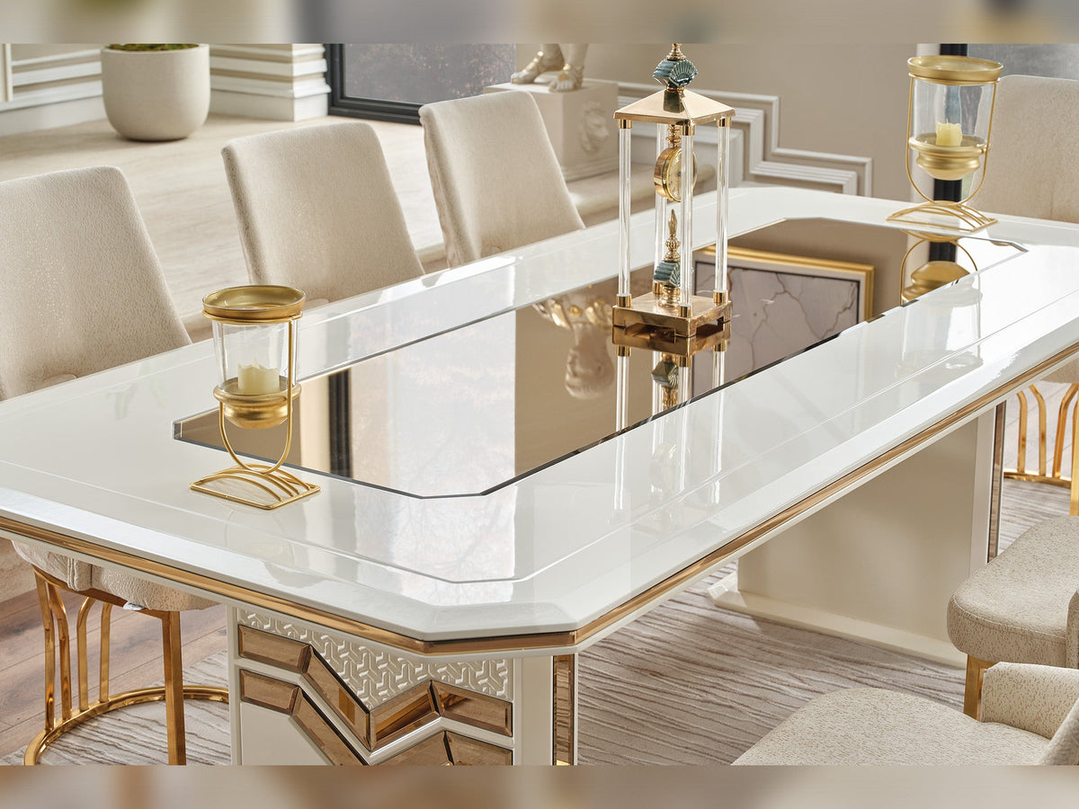 Zen Cream Dining Room Set (Consol With Mirror & Dining Table & 6 Dining Chair) - Ornate Home