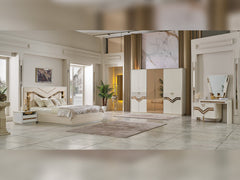 Zen Cream/Gold Bedroom Set (Queen Frame With Headboard & Dresser With Mirror & 2 Nightstand) - Ornate Home