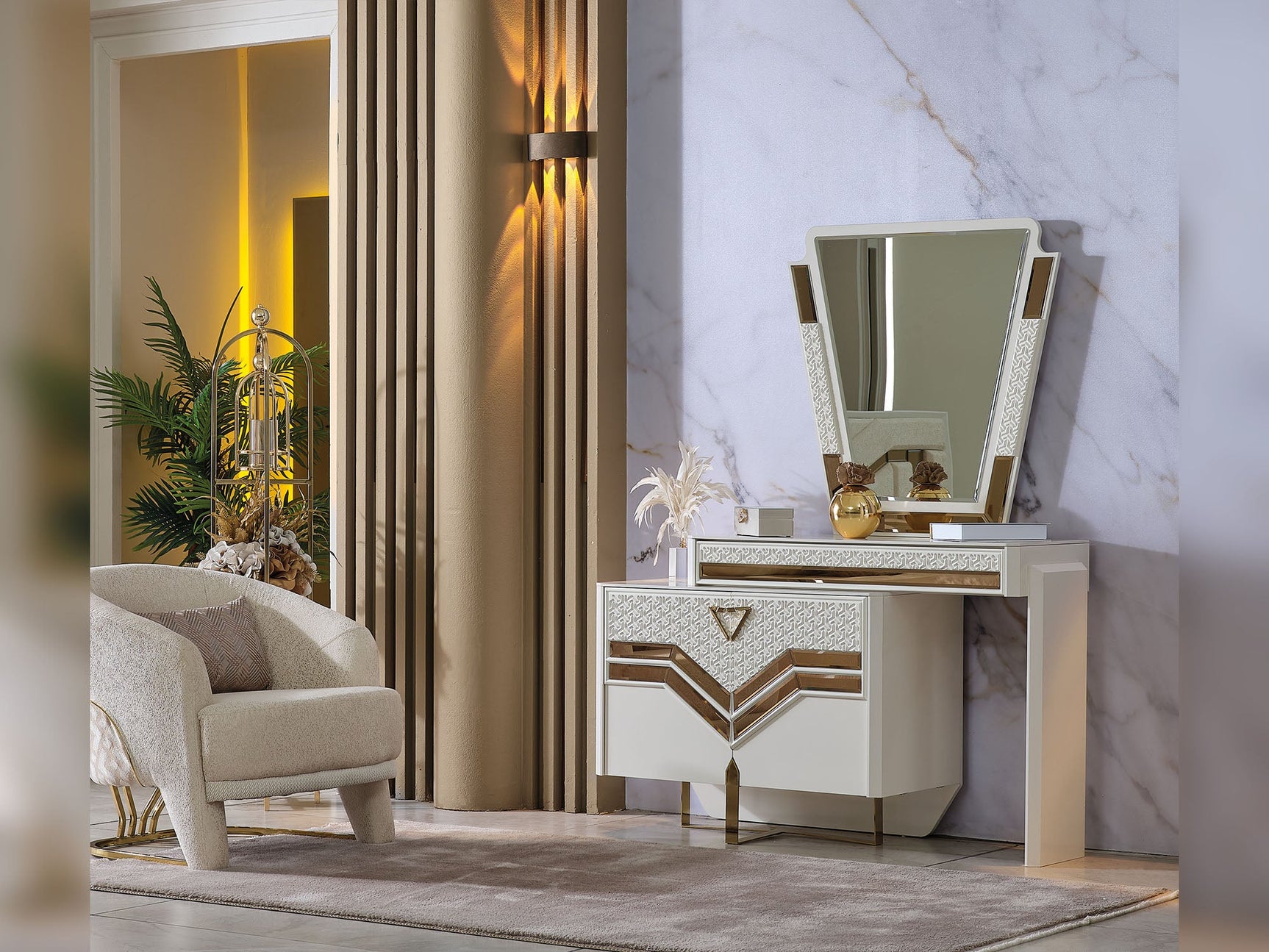 Zen Cream/Gold Bedroom Set (Queen Frame With Headboard & Dresser With Mirror & 2 Nightstand)