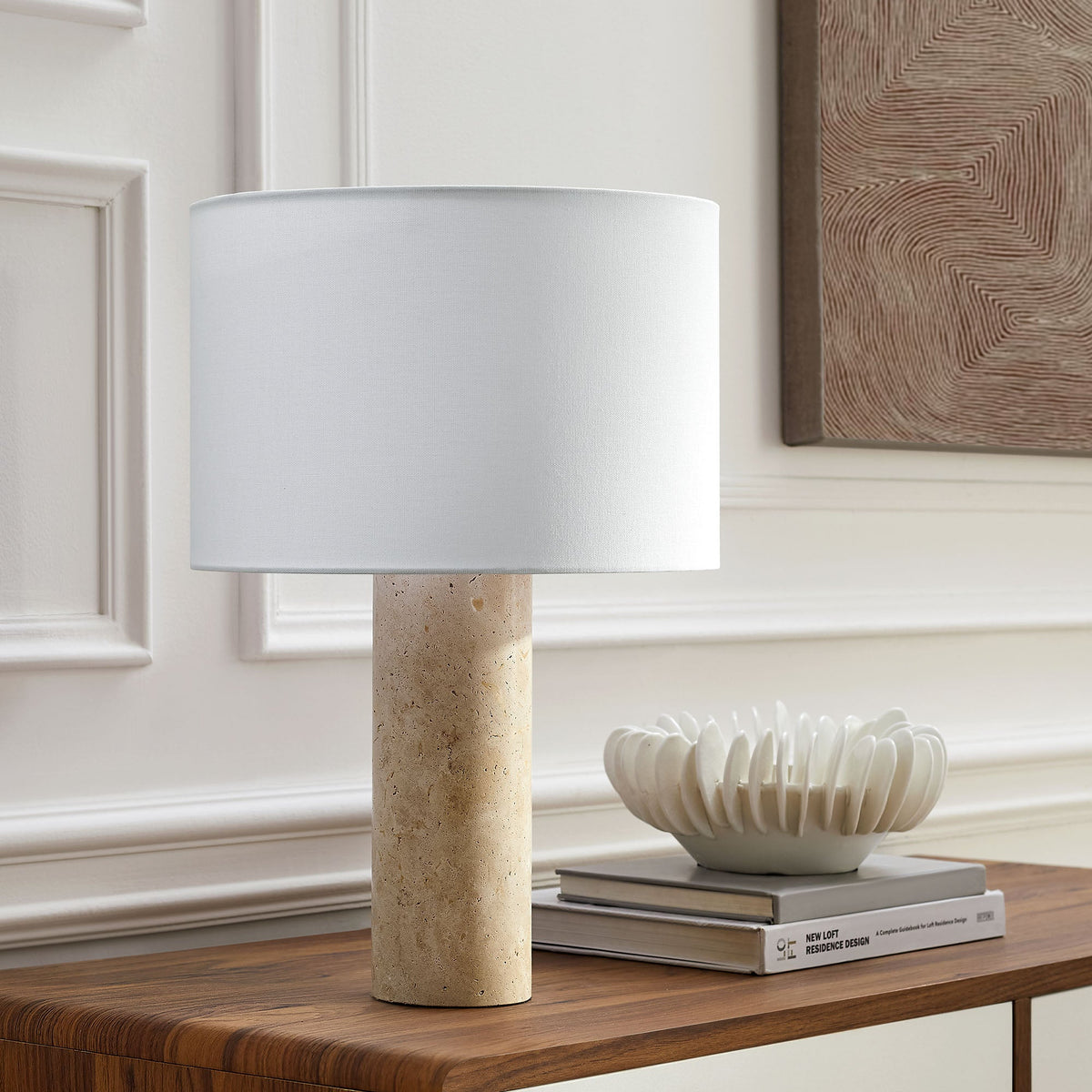 Zenith Travertine Table Lamp With Fabric Drum Shade - Ornate Home