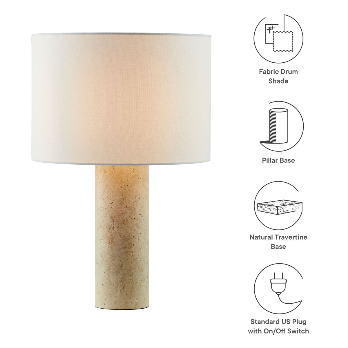 Zenith Travertine Table Lamp With Fabric Drum Shade - Ornate Home