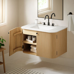 Zia Natural 30" Wall-Mount Bathroom Vanity with Marble Sink - Ornate Home