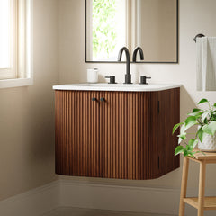 Zia Walnut 24" Wall-Mount Bathroom Vanity with Marble Sink - Ornate Home